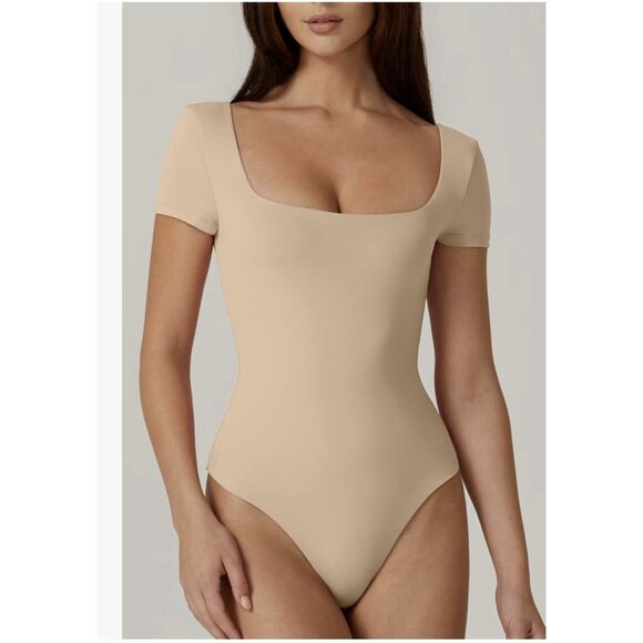 NWT QINSEN Women's Square Neck Short Sleeve Double-Layer Bodysuit Fashion - Picture 6 of 6